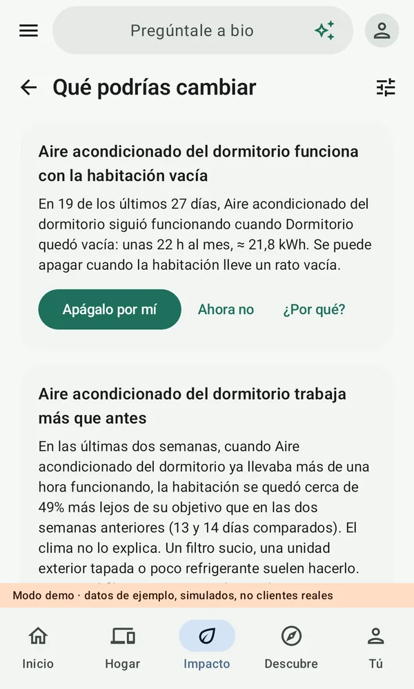 Qué podrías cambiar: el aire acondicionado del dormitorio funciona en una habitación vacía, con un botón Apágalo por mí