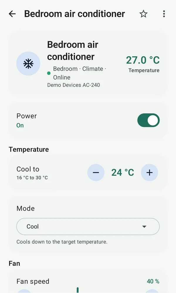 A device page in bio: the bedroom air conditioner with power, target temperature, mode and fan speed