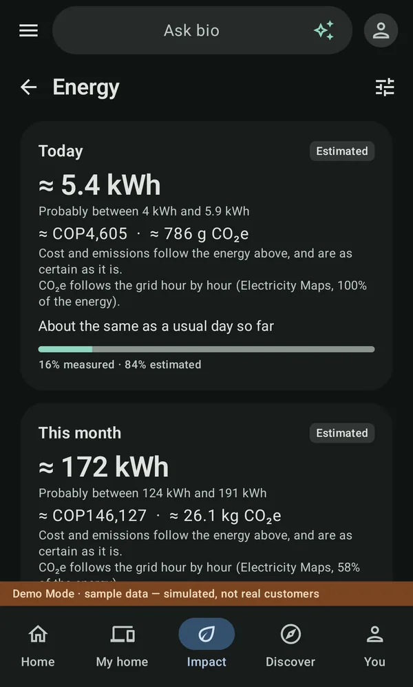 Energy in the bio app: today's energy as an estimate with its likely range, with cost and CO2e
