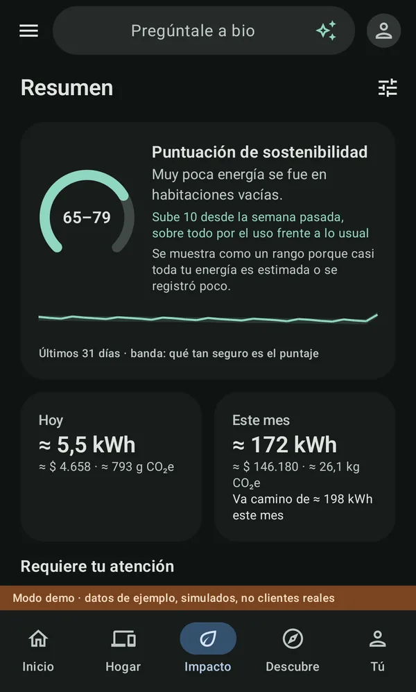La vista Resumen de Impacto en la app de bio: una puntuación de sostenibilidad de 65 a 79, la energía de hoy y la de este mes