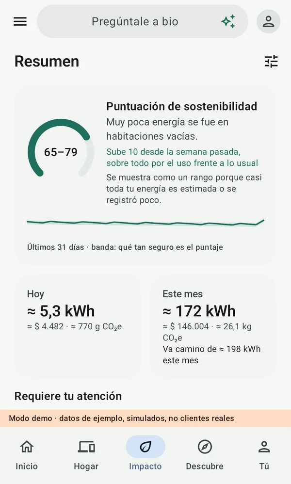 La vista Resumen de Impacto en la app de bio: una puntuación de sostenibilidad de 65 a 79, la energía de hoy y la de este mes