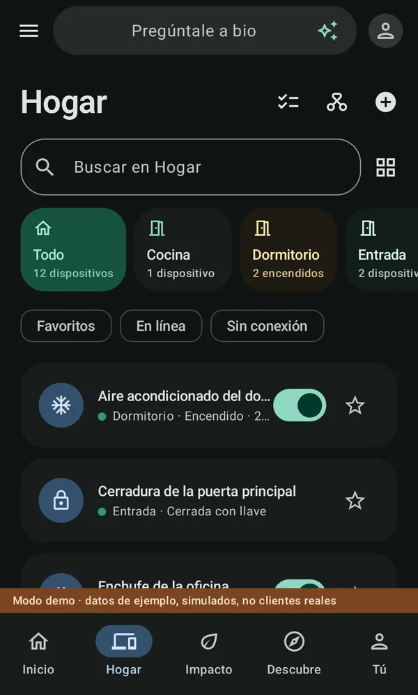 Hogar en la app de bio: habitaciones, filtros y dispositivos con su estado