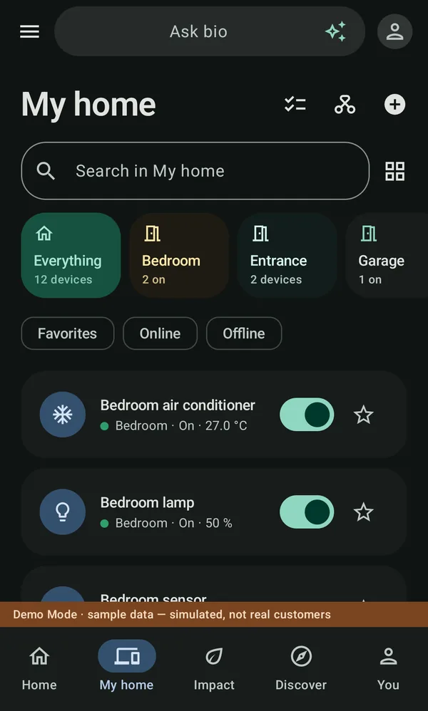 My home in the bio app: room tiles, filters and devices with their state