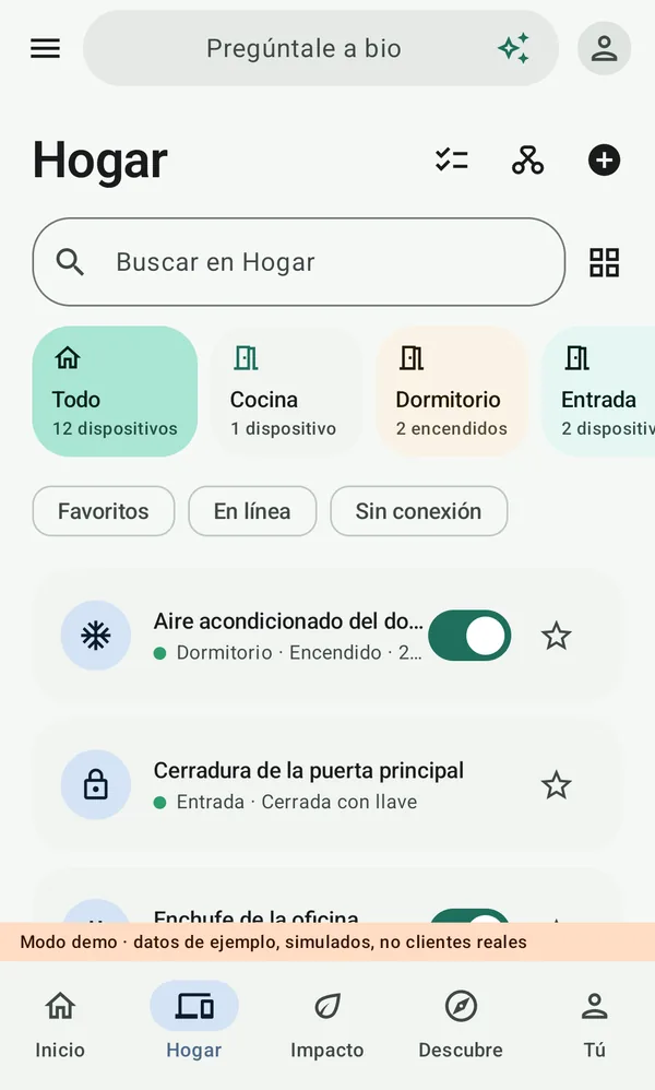 Hogar en la app de bio: habitaciones, filtros y dispositivos con su estado