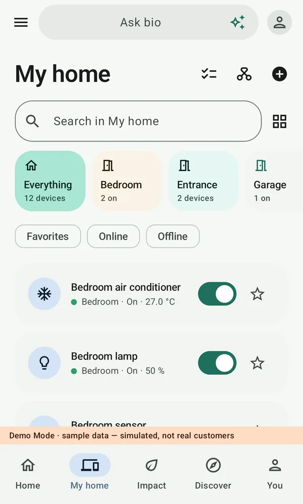 My home in the bio app: room tiles, filters and devices with their state